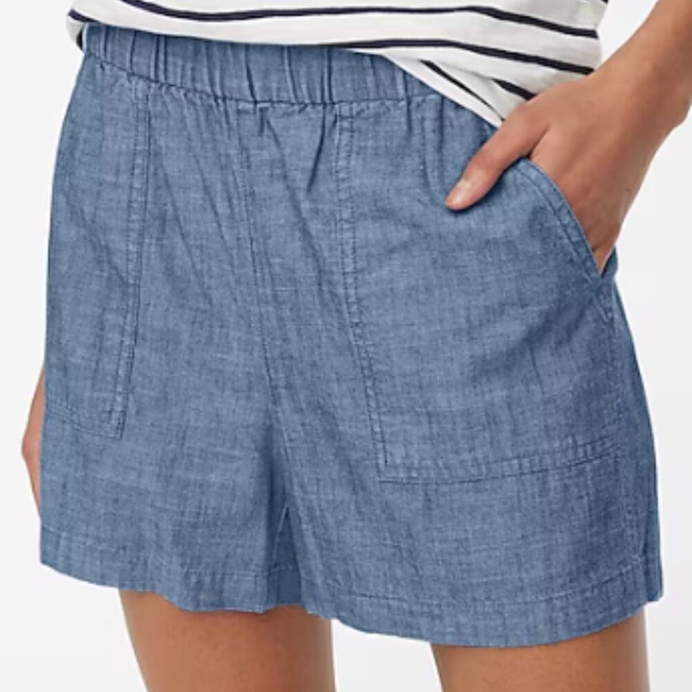 J Crew Women's 4" Chambray Pull On Short 100% Cottton High Waist Beach Blue